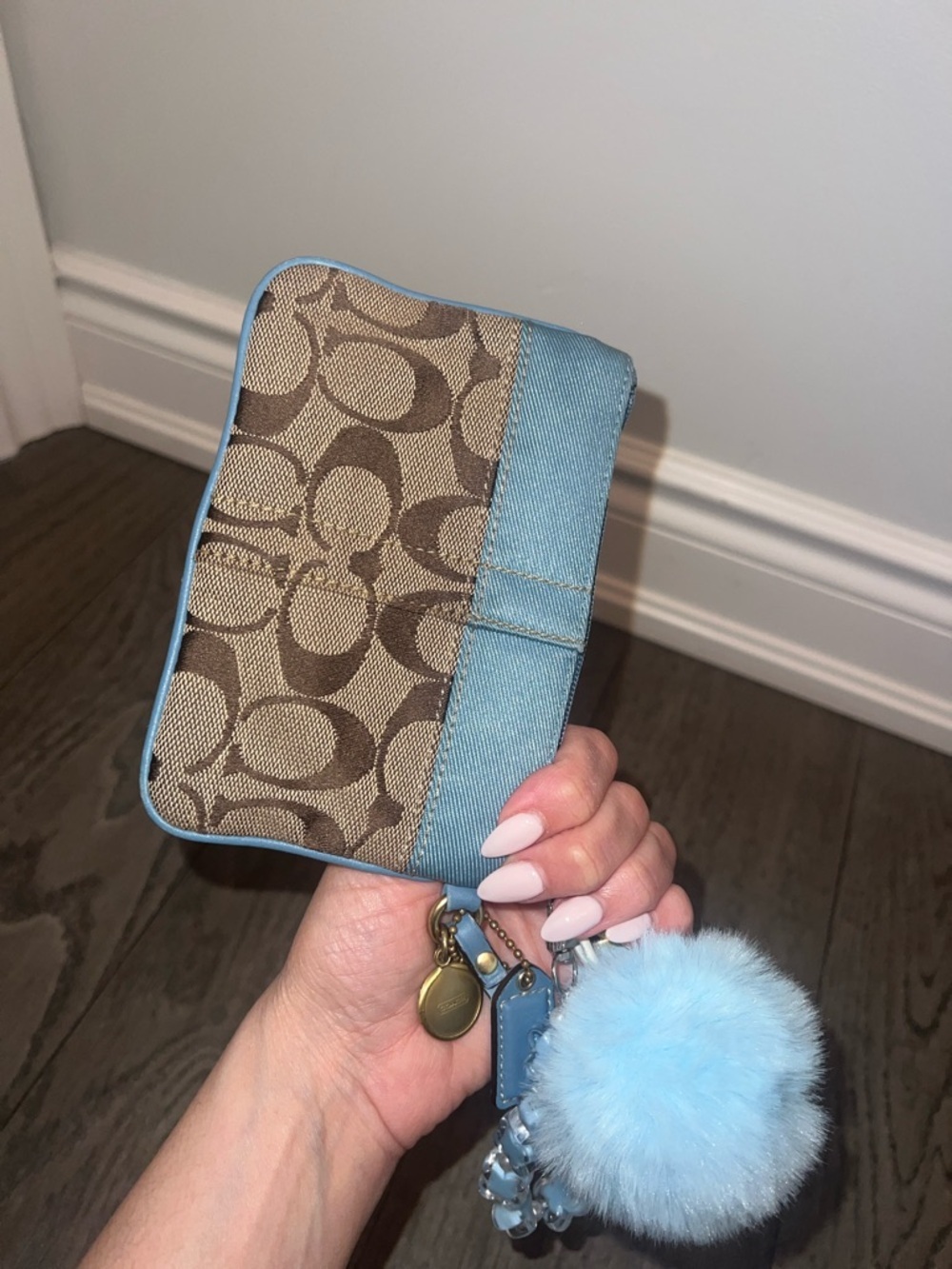 Coach Brown Signature Canvas Wristlet with Light Blue Trim and Pom - Picture 5 of 6